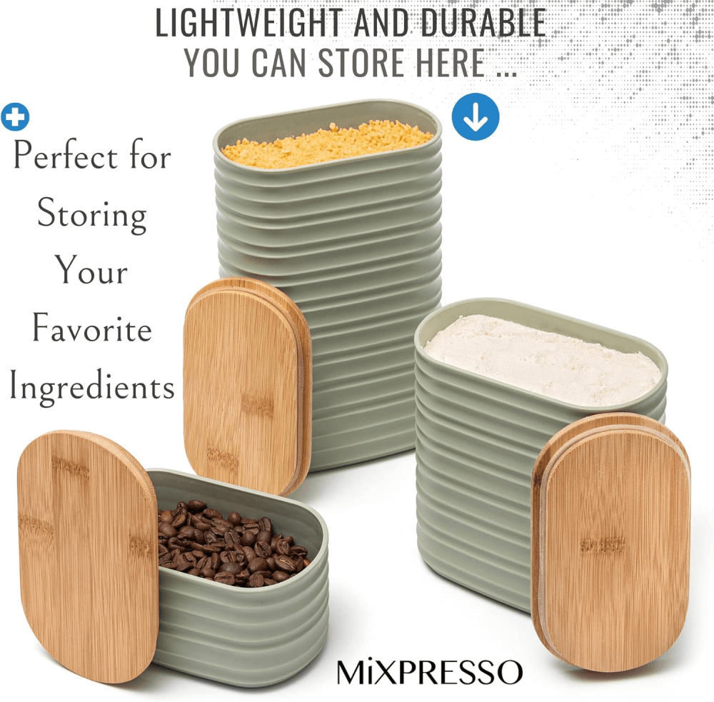 Mixpresso 3 Piece Set Of Airtight Plastic Canister With Bamboo Lid, Canister Set Kitchen Decor For Counter: Light Green