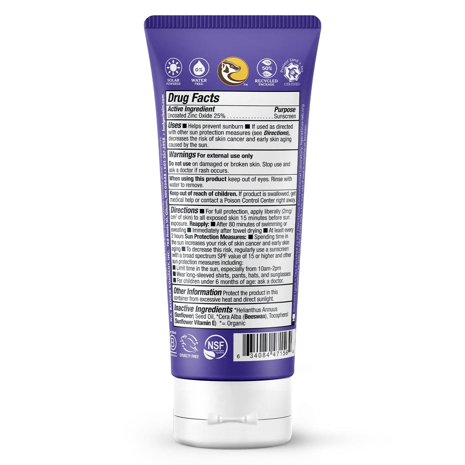 Badger Mineral Sunscreen Cream SPF 50, Zinc Oxide Sun Care: 2.9 fl oz Tube