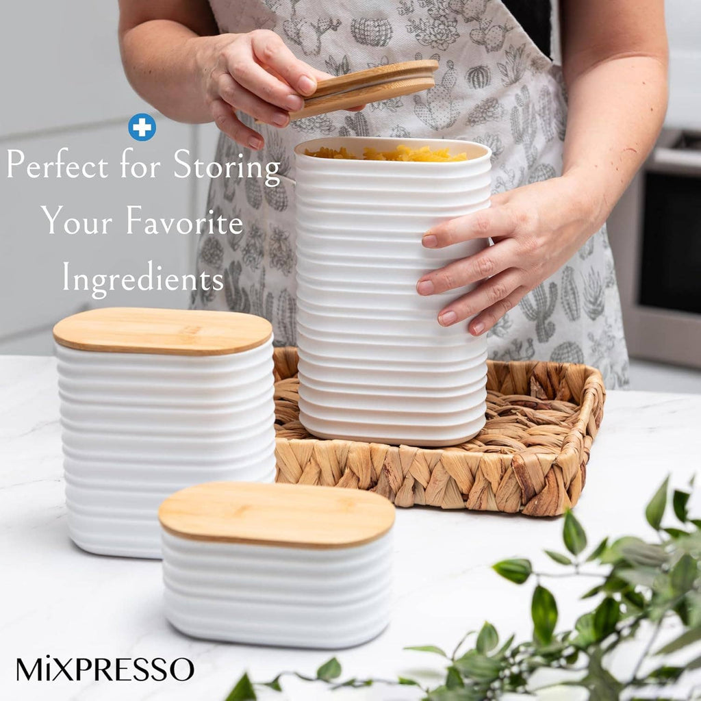 Mixpresso 3 Piece Set Of Airtight Plastic Canister With Bamboo Lid, Canister Set Kitchen Decor For Counter: Light Green
