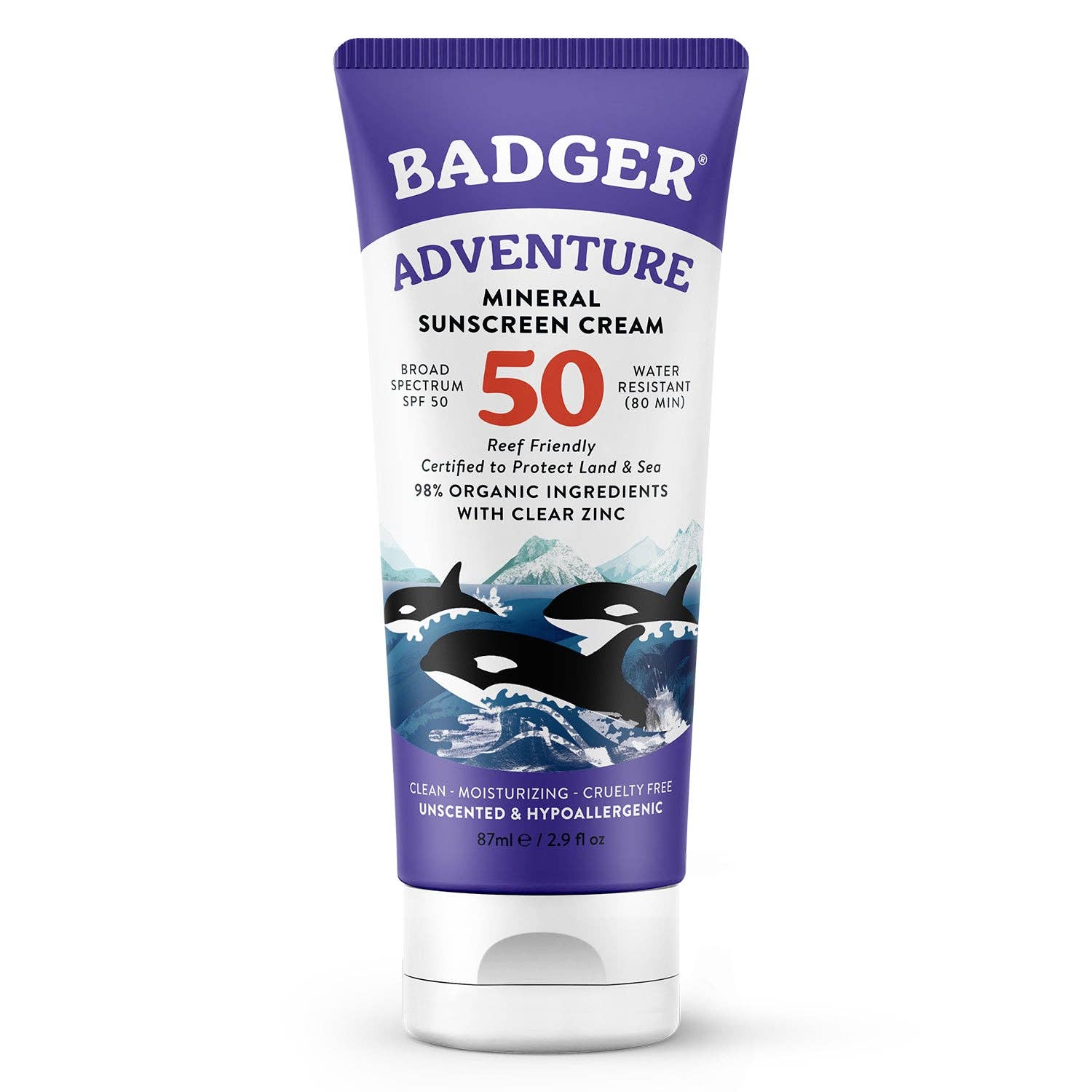 Badger Mineral Sunscreen Cream SPF 50, Zinc Oxide Sun Care: 2.9 fl oz Tube