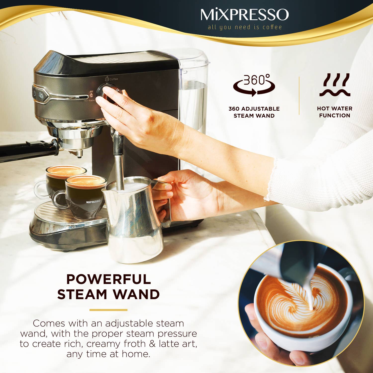 Mixpresso Espresso Maker, 15 Bar Espresso Machine With Milk Frother, Fast Heating Automatic Espresso Machine, Steam Wand For Latte and Cappuccino 37 Oz Removable Water Tank, 1450W Coffee Maker (Titanium Black)