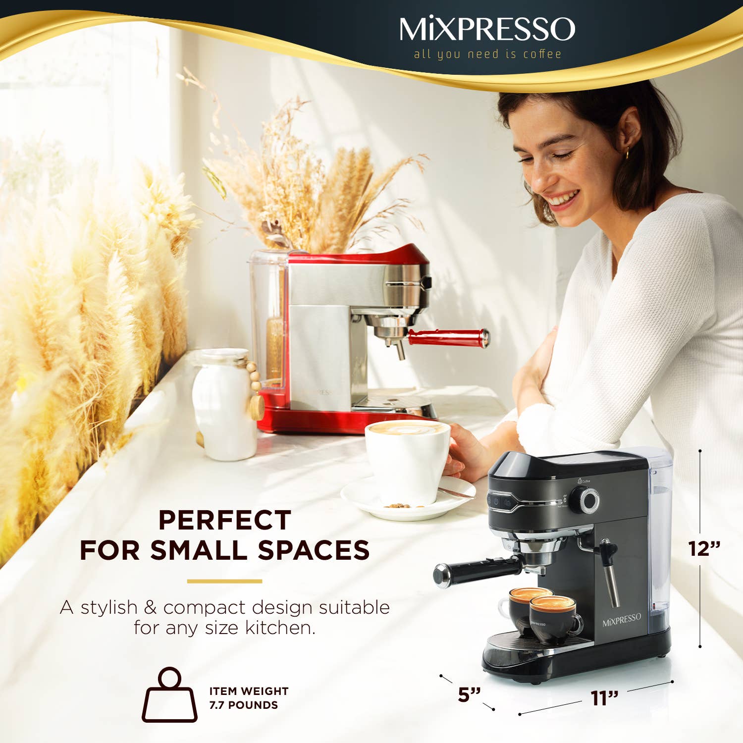 Mixpresso Espresso Maker, 15 Bar Espresso Machine With Milk Frother, Fast Heating Automatic Espresso Machine, Steam Wand For Latte and Cappuccino 37 Oz Removable Water Tank, 1450W Coffee Maker (Titanium Black)