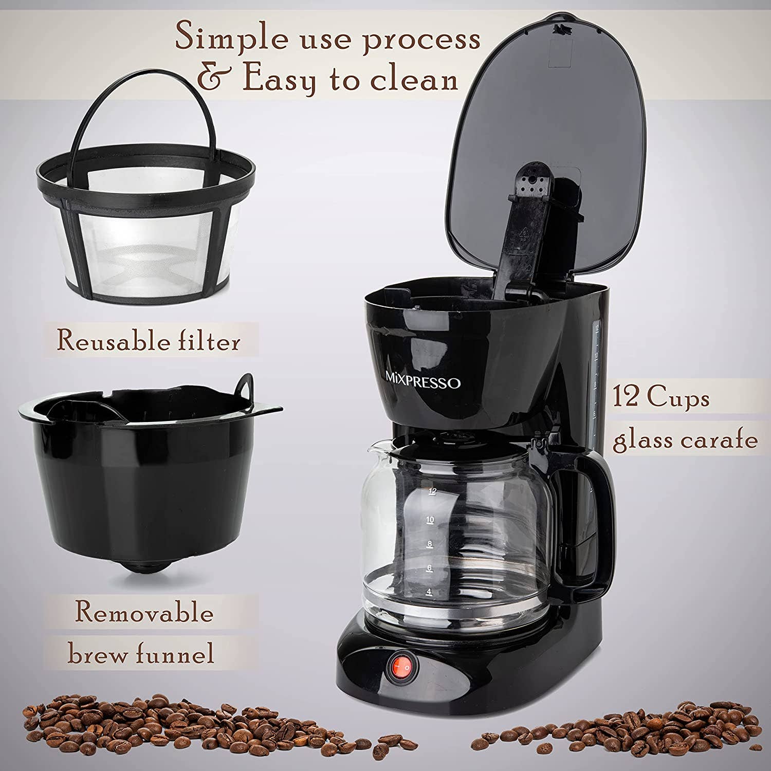 Mixpresso 12-Cup Drip Coffee Maker, Coffee Pot Machine Including Reusable And Removable Coffee Filter, Borosilicate Glass Carafe