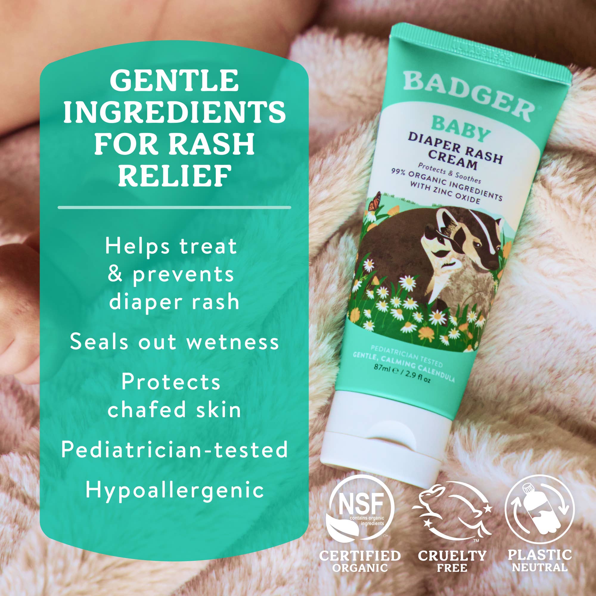 Badger Diaper Cream with Zinc Oxide, Organic & Gentle: 2.9 fl oz Tube