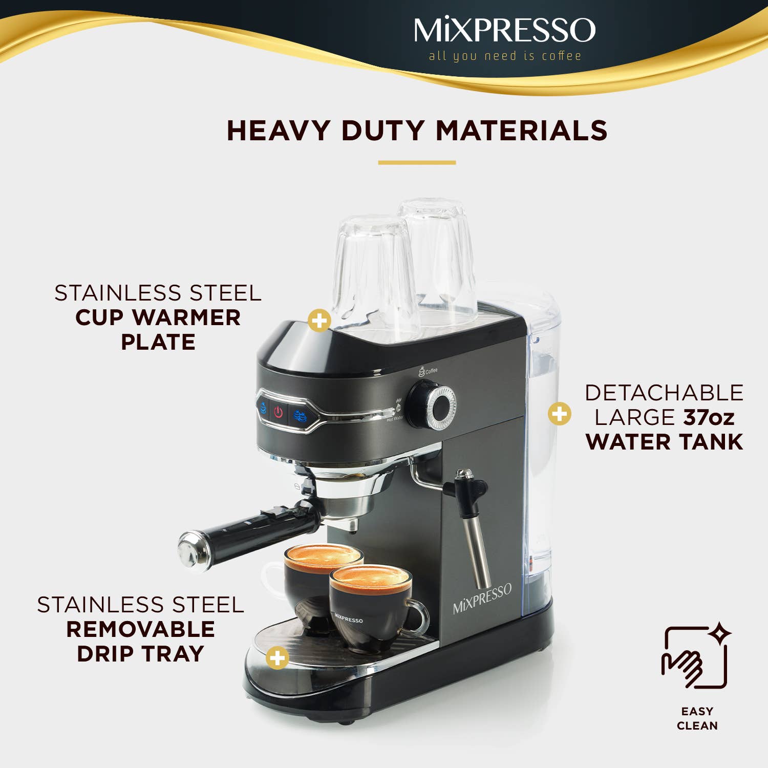 Mixpresso Espresso Maker, 15 Bar Espresso Machine With Milk Frother, Fast Heating Automatic Espresso Machine, Steam Wand For Latte and Cappuccino 37 Oz Removable Water Tank, 1450W Coffee Maker (Titanium Black)