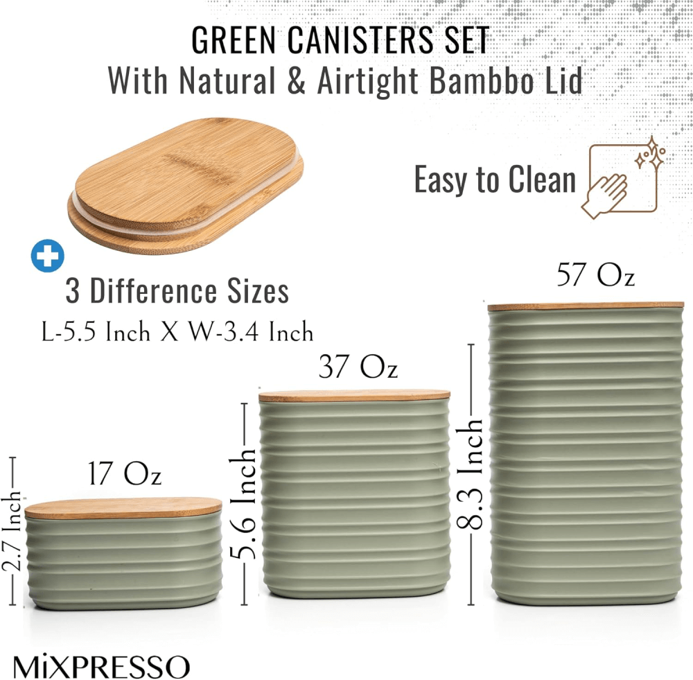 Mixpresso 3 Piece Set Of Airtight Plastic Canister With Bamboo Lid, Canister Set Kitchen Decor For Counter: Light Green