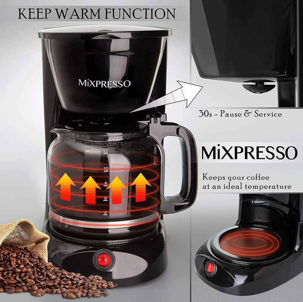 Mixpresso 12-Cup Drip Coffee Maker, Coffee Pot Machine Including Reusable And Removable Coffee Filter, Borosilicate Glass Carafe