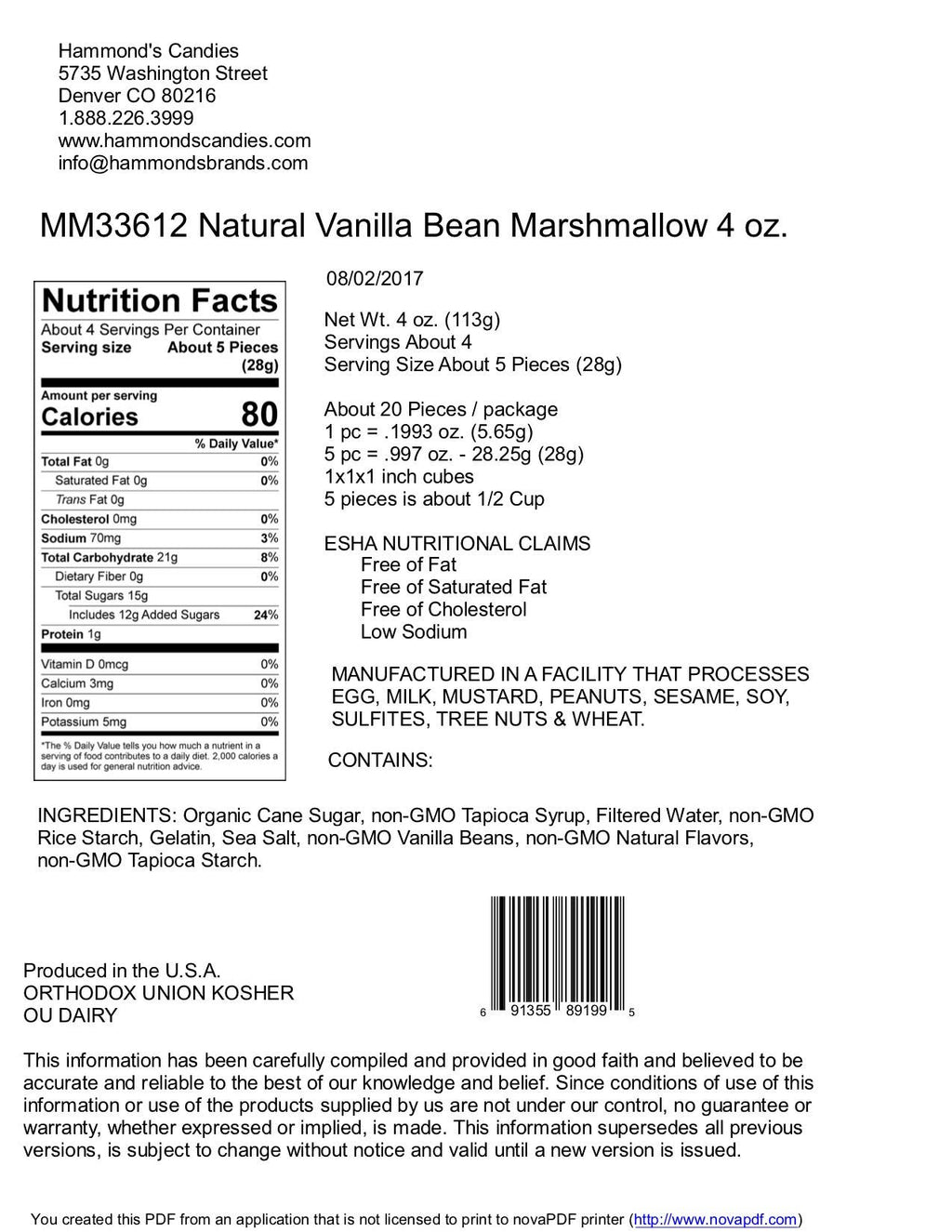 Handmade All-Natural Marshmallows - Vanilla Bean - 4 oz Bag