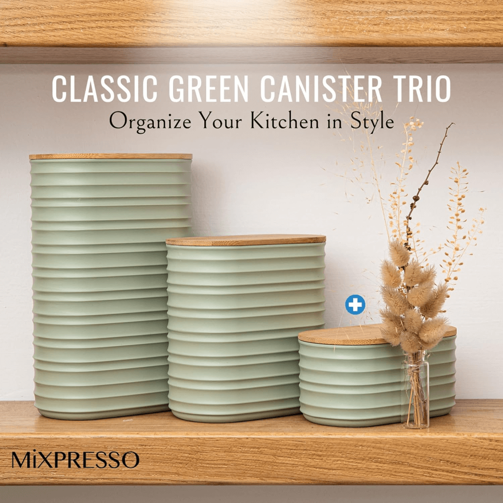 Mixpresso 3 Piece Set Of Airtight Plastic Canister With Bamboo Lid, Canister Set Kitchen Decor For Counter: Light Green
