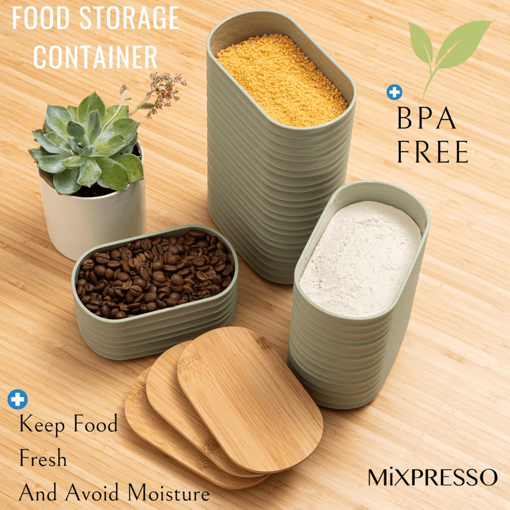 Mixpresso 3 Piece Set Of Airtight Plastic Canister With Bamboo Lid, Canister Set Kitchen Decor For Counter: Light Green