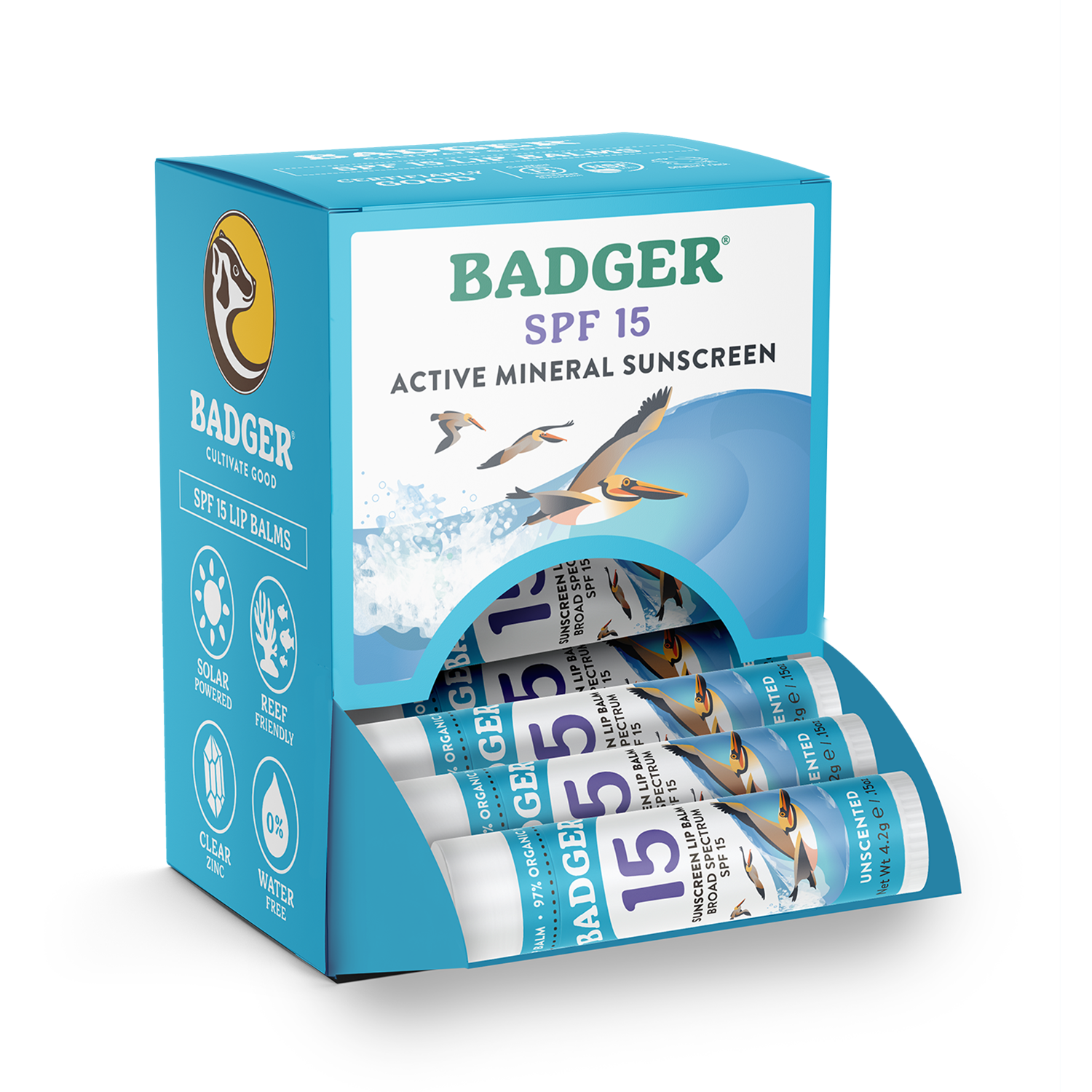 Badger Mineral Sunscreen Lip Balm SPF 15, Zinc Oxide 18ct: 18 x 0.15oz Sticks
