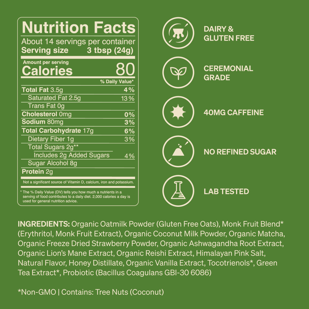 Iced Strawberry Matcha SuperLatte (14 Lattes) | Instant Ceremonial Matcha with Real Strawberry, Adaptogens and Mushrooms
