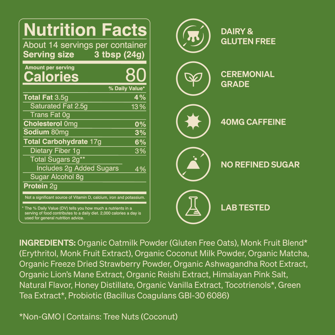 Iced Strawberry Matcha SuperLatte (14 Lattes) | Instant Ceremonial Matcha with Real Strawberry, Adaptogens and Mushrooms
