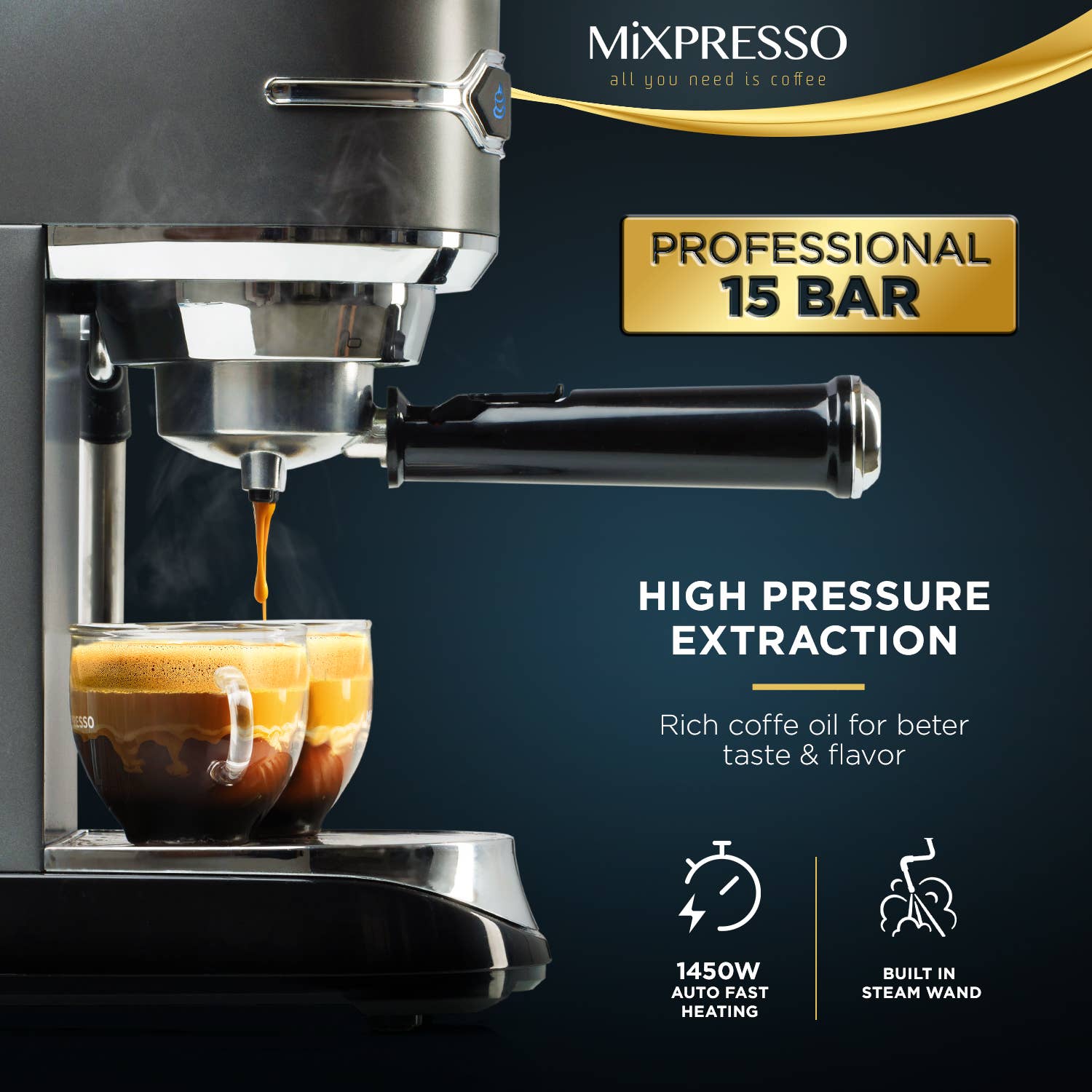 Mixpresso Espresso Maker, 15 Bar Espresso Machine With Milk Frother, Fast Heating Automatic Espresso Machine, Steam Wand For Latte and Cappuccino 37 Oz Removable Water Tank, 1450W Coffee Maker (Titanium Black)
