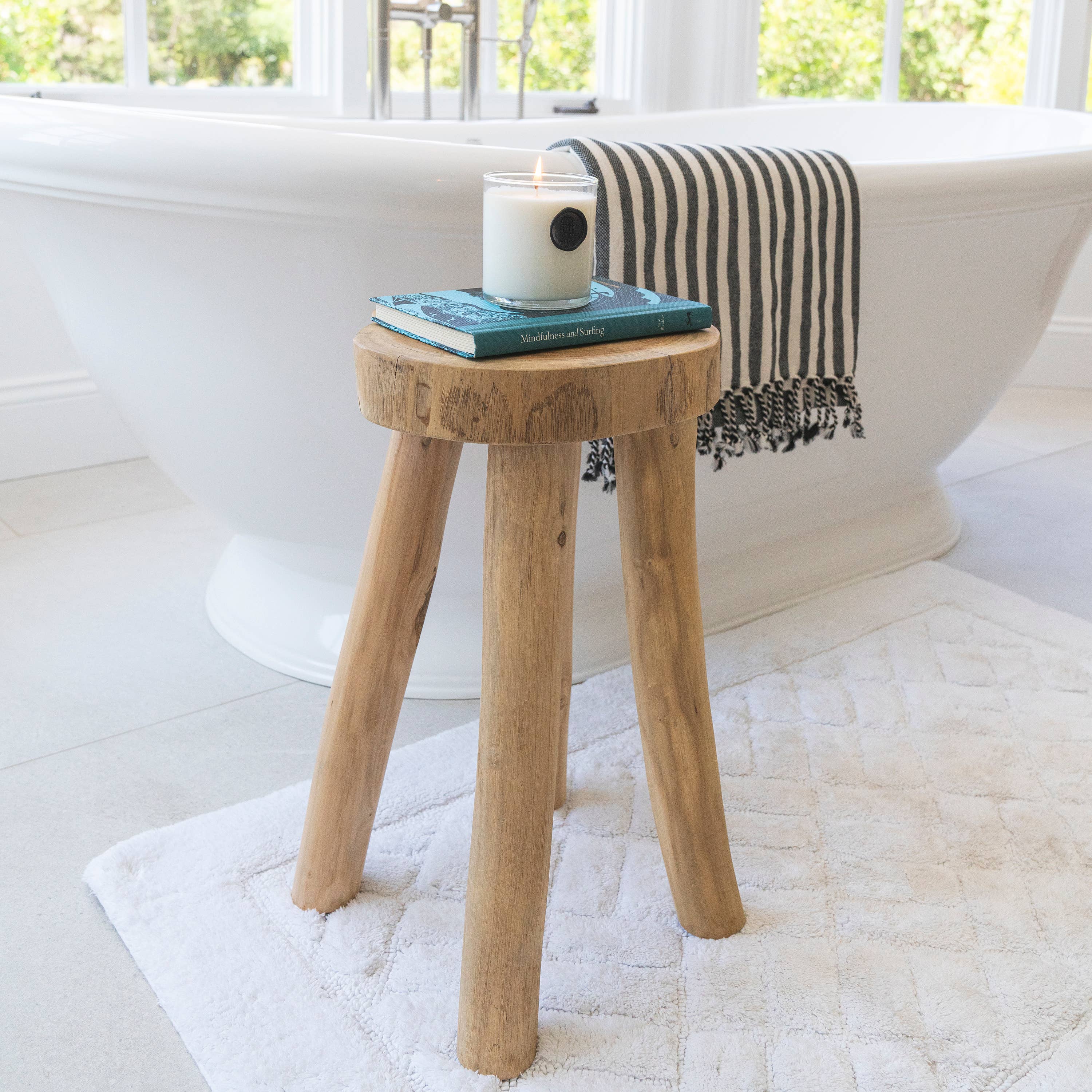 Teak Wooden Stool Side Table,Small Nightstand Bathroom Caddy: Large