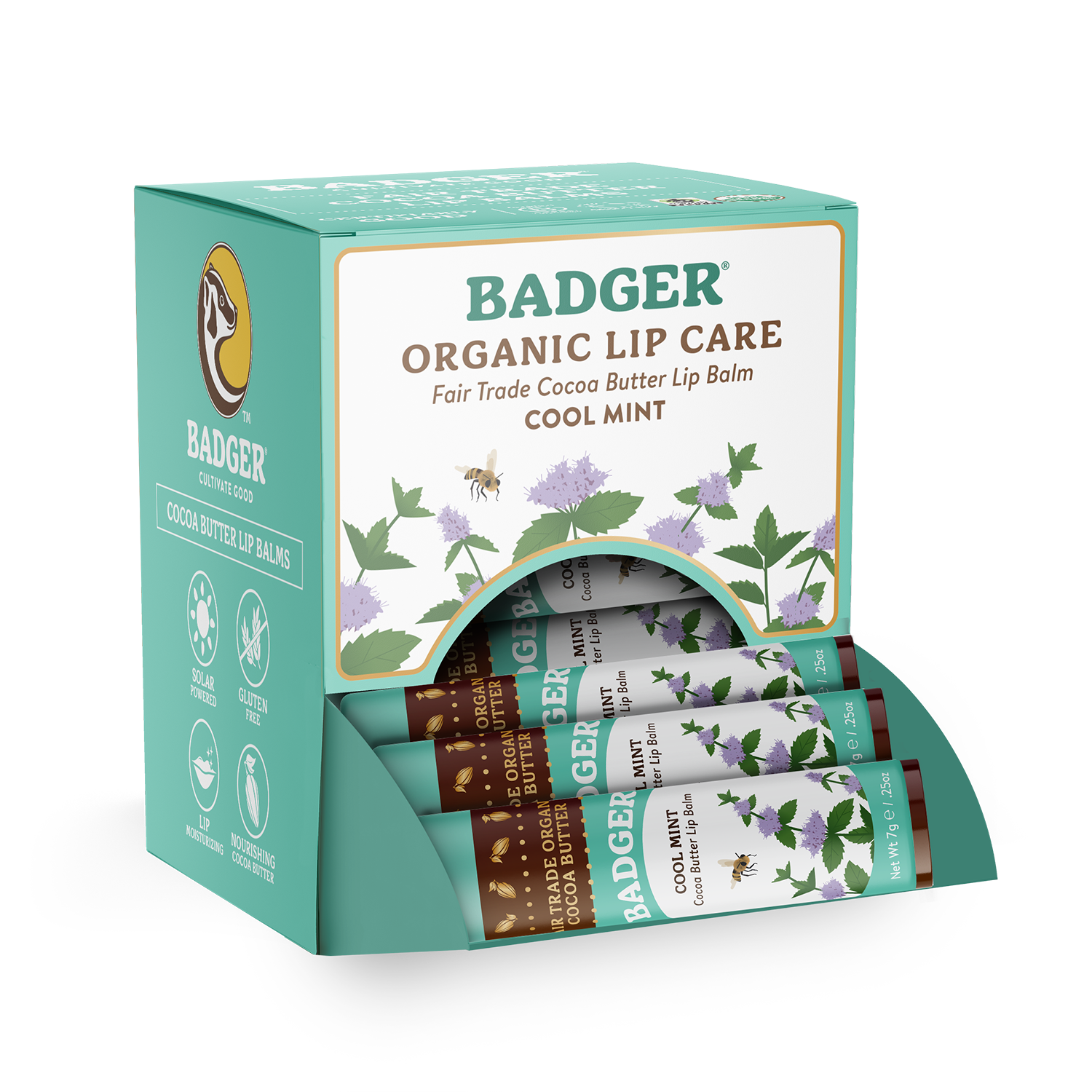 Badger Cocoa Butter Lip Balm, Cool Mint, Hydrating 18ct: 18 x 0.25oz Sticks