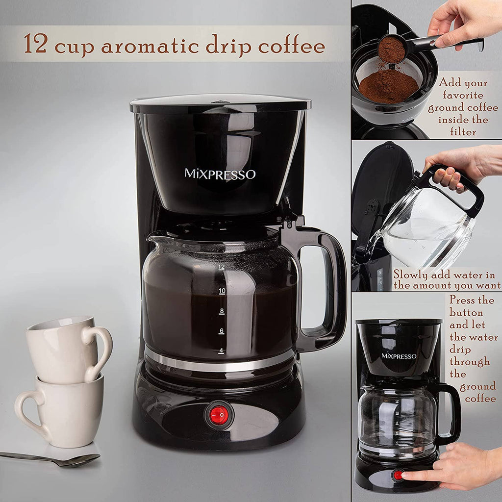 Mixpresso 12-Cup Drip Coffee Maker, Coffee Pot Machine Including Reusable And Removable Coffee Filter, Borosilicate Glass Carafe