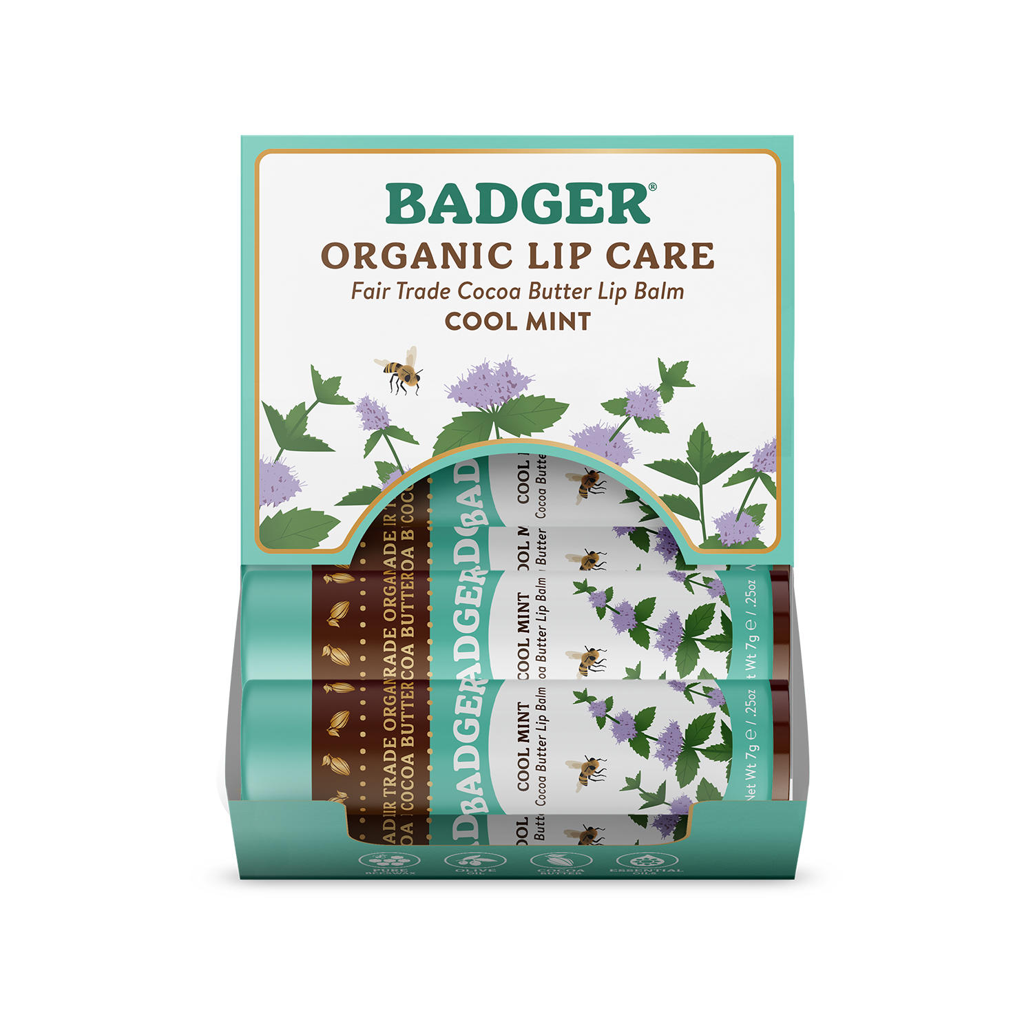 Badger Cocoa Butter Lip Balm, Cool Mint, Hydrating 18ct: 18 x 0.25oz Sticks