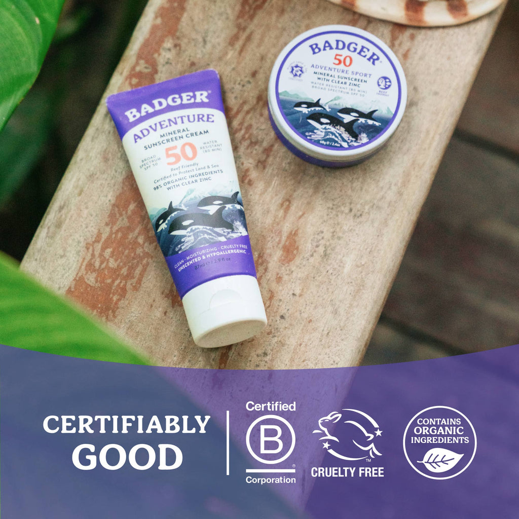 Badger Mineral Sunscreen Cream SPF 50, Zinc Oxide Sun Care: 2.9 fl oz Tube