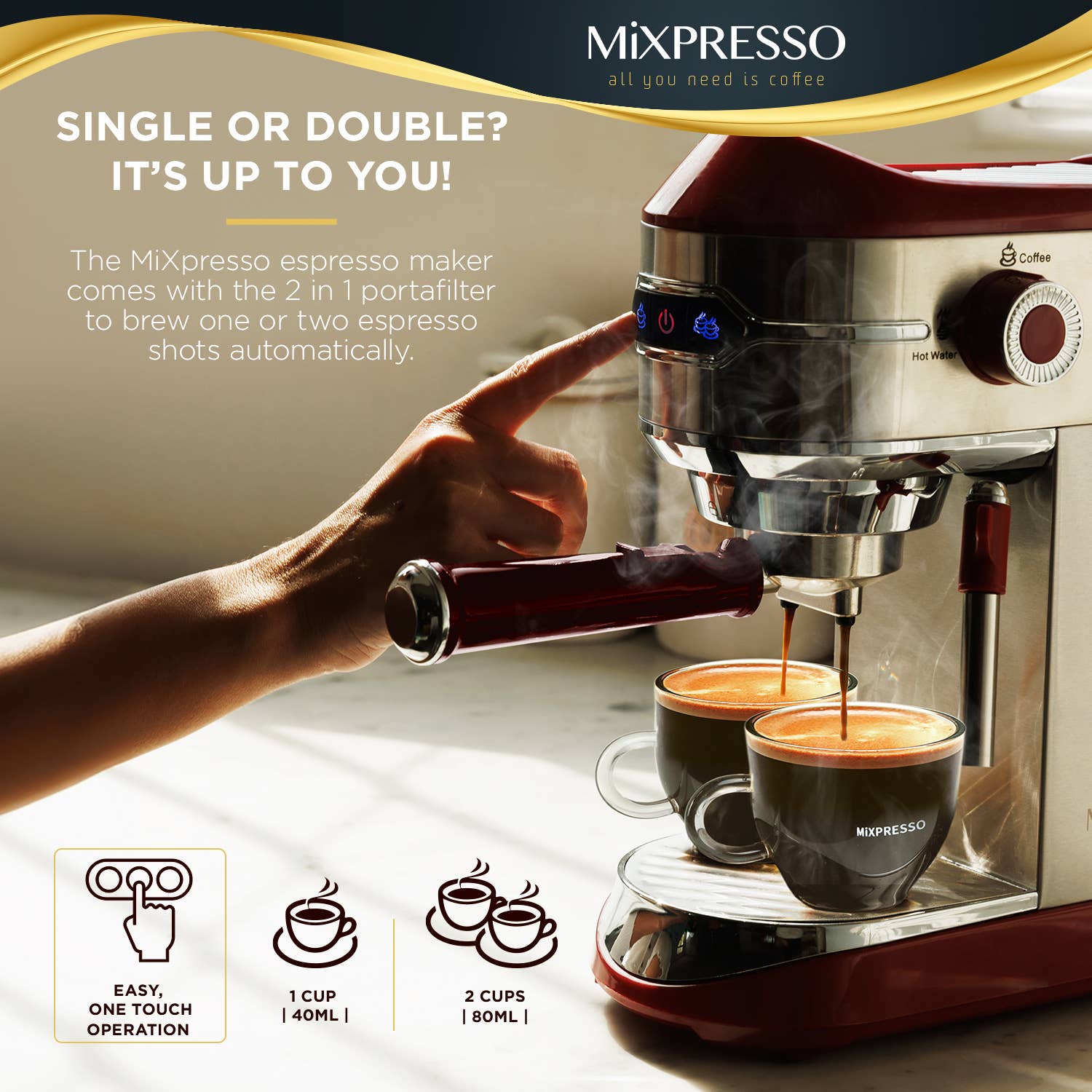 Mixpresso Espresso Maker, 15 Bar Espresso Machine With Milk Frother, Fast Heating Automatic Espresso Machine, Steam Wand For Latte and Cappuccino 37 Oz Removable Water Tank, 1450W Coffee Maker (Titanium Black)