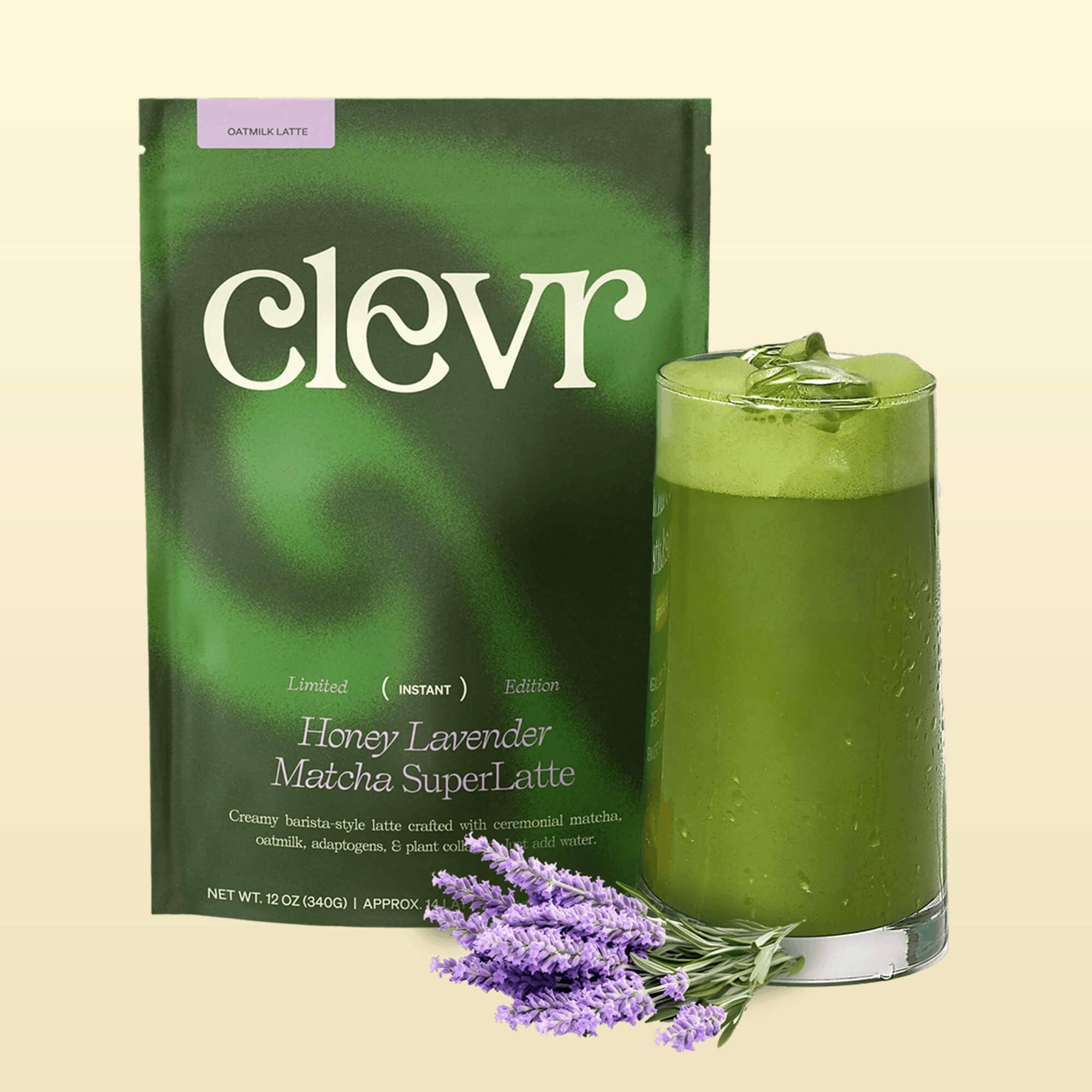 Honey Lavender Matcha SuperLatte (14 lattes) | Instant Ceremonial Grade, Superfood Powder Blend, Oat Milk, Lion Mane, Reishi Mushroom, Coconut Cream, Ashwagandha, Serve Hot or Iced