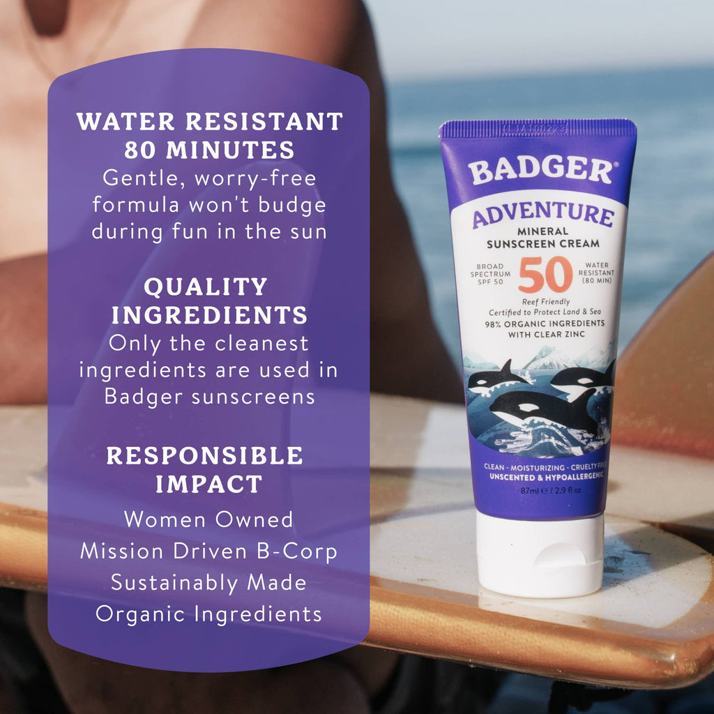 Badger Mineral Sunscreen Cream SPF 50, Zinc Oxide Sun Care: 2.9 fl oz Tube